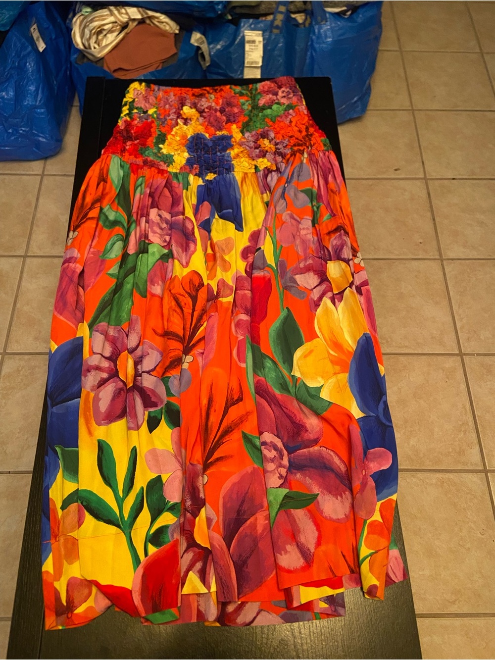 Mara Hoffman Orange Floral Smocked Maxi Skirt with Purple & Yellow Accents